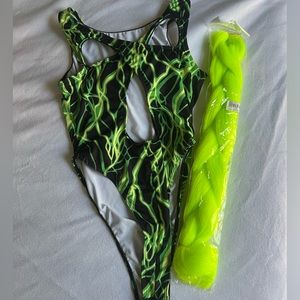 Neon Green Rave Fit — Bodysuit, Black Bucket Hat, and Neon Green Hair Extensions
